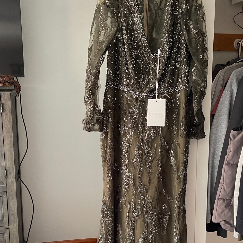 Mac Duggal Olive Sequin Long Sleeve Dress